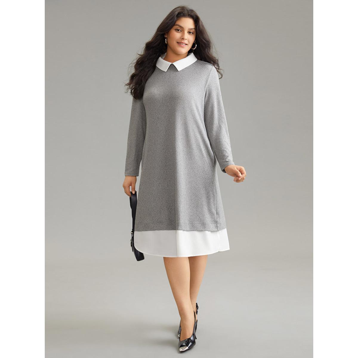 Plus Size Solid Lapel Collar Heather 2-In-1 Dress DarkGray Women Office Heather Lapel Collar Long Sleeve Curvy Midi Dress BloomChic 22-24/3X Product Image