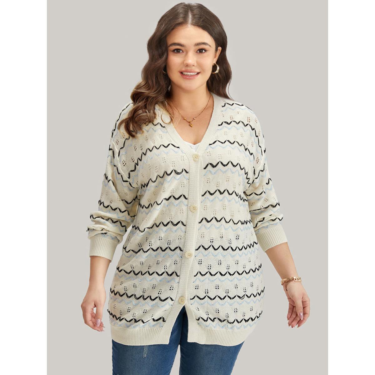 Plus Size UltraCool Wave Striped Eyelet Button Through Cardigan Beige Women Casual Loose Long Sleeve Everyday Cardigans BloomChic 28/5X Product Image