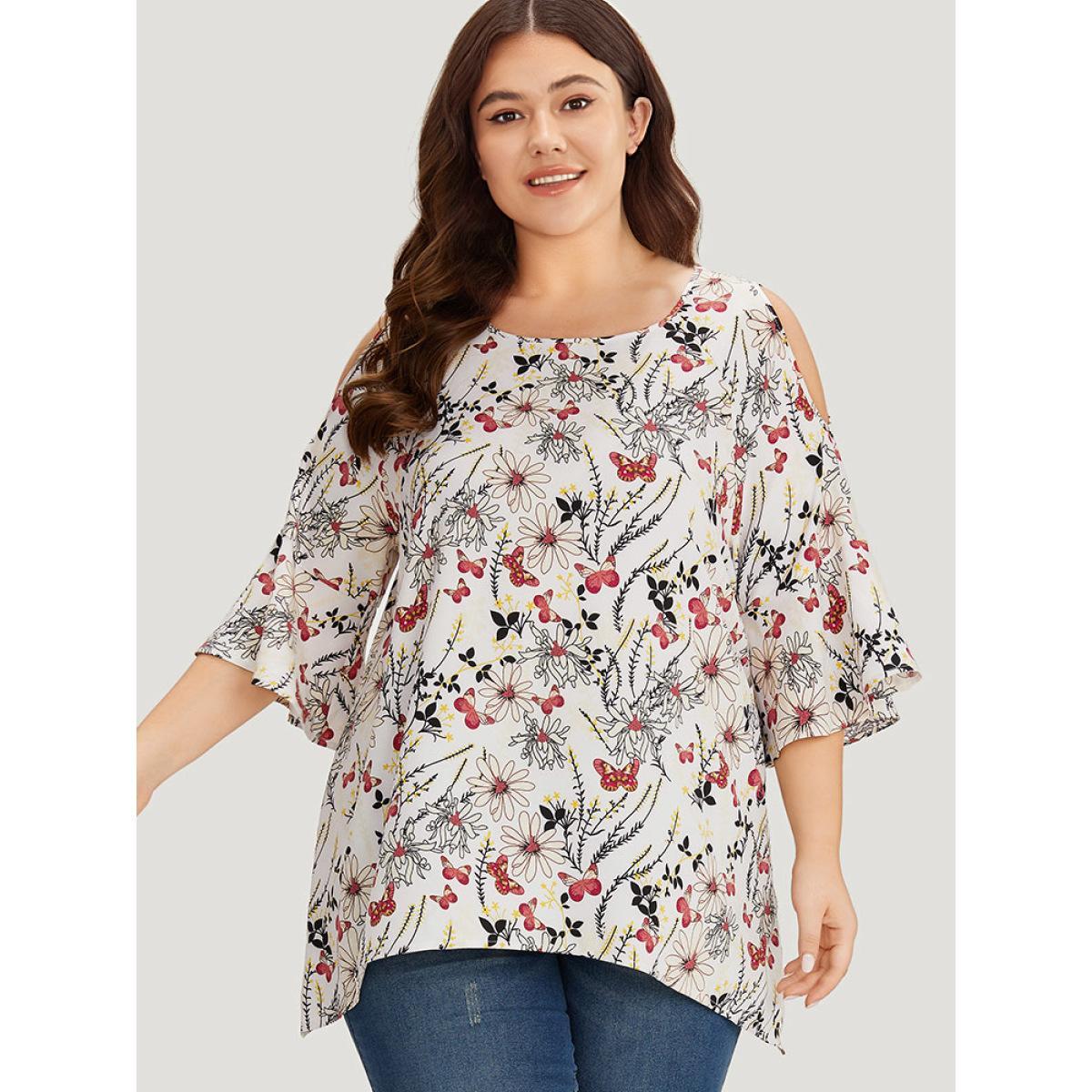 Plus Size Multicolor Butterfly & Floral Print Bell Sleeve Cut Out Blouse Women Elegant Elbow-length sleeve Round Neck Dailywear Blouses BloomChic 26/4X Product Image