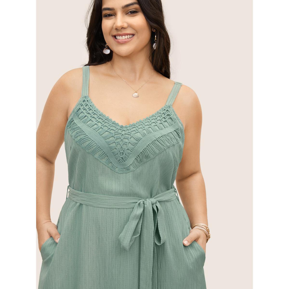 Plus Size Texture Lace Trim Belted Cami Dress Mint Women Resort Woven ribbon&lace trim V-neck Sleeveless Curvy BloomChic 28/5X Product Image