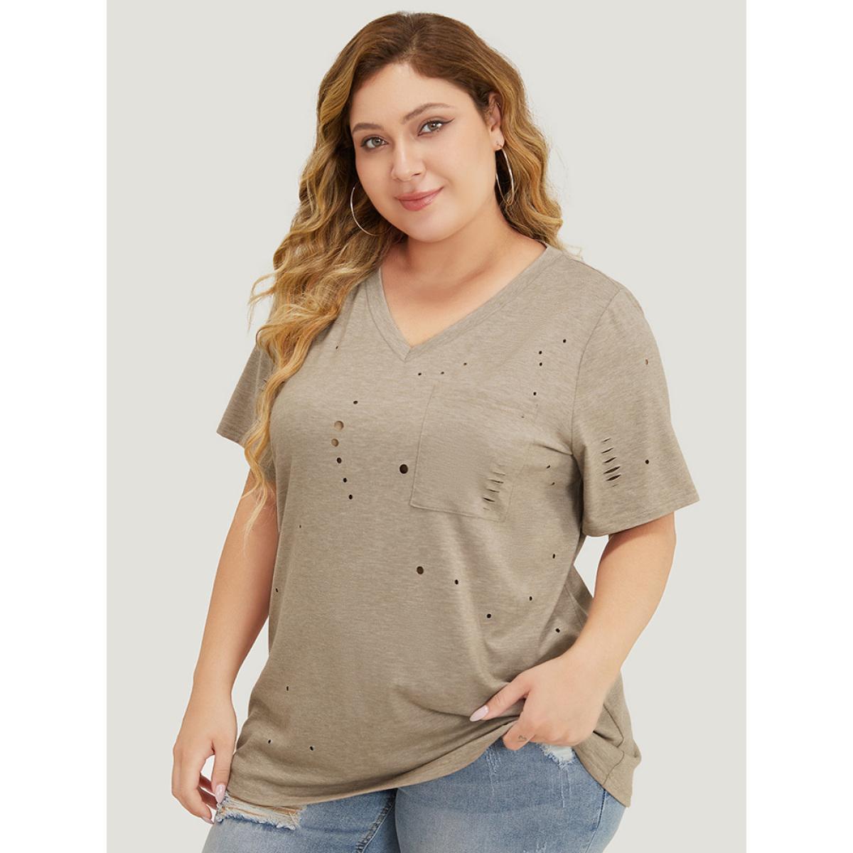 Plus Size Solid Distressed Detail Pocket T-shirt Tan Women Casual Cut-Out Plain V-neck Dailywear T-shirts BloomChic 14-16/1X Product Image