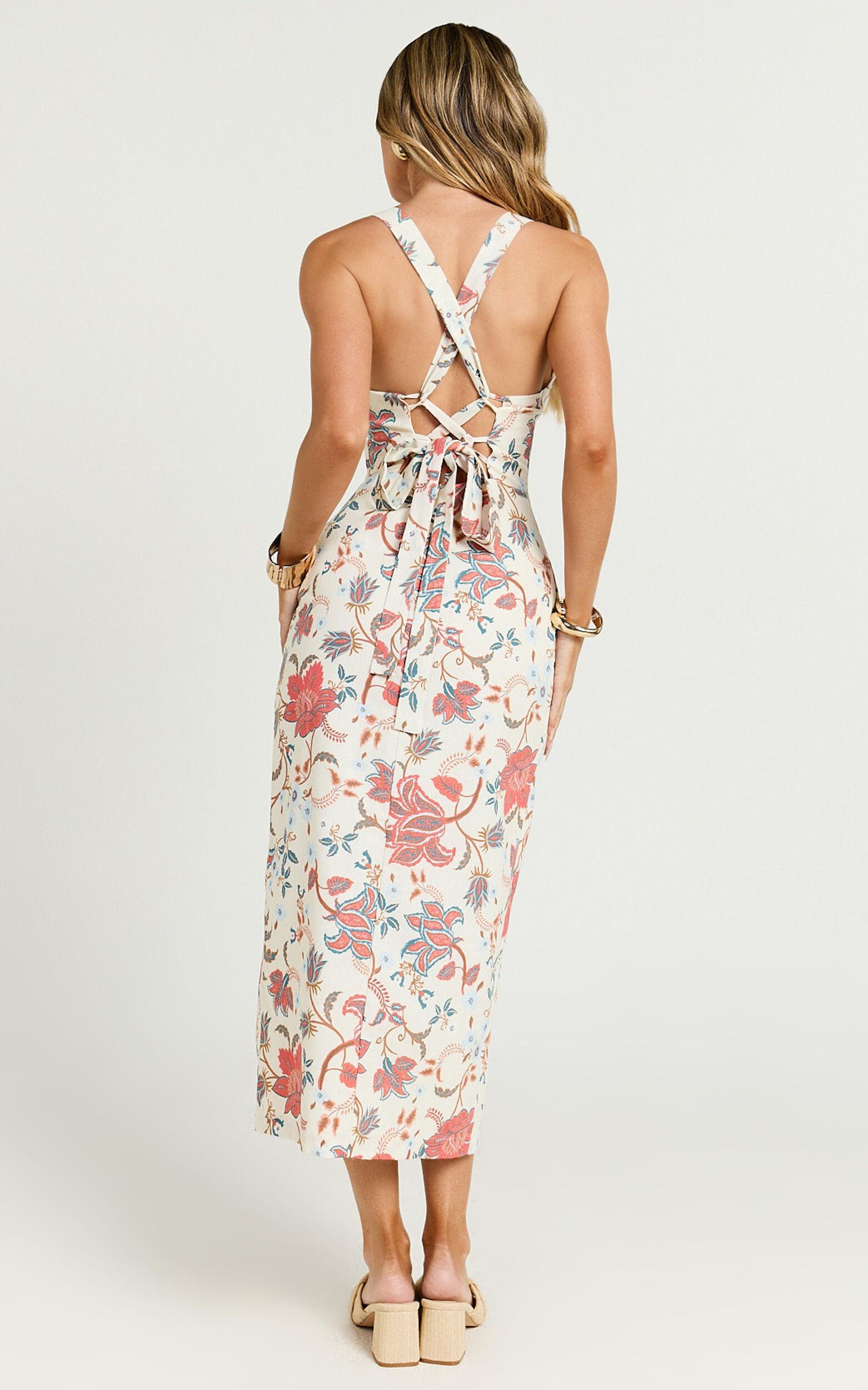 Drew Midi Dress - Linen Cross Back Bustier Dress in Summer Chintz Product Image