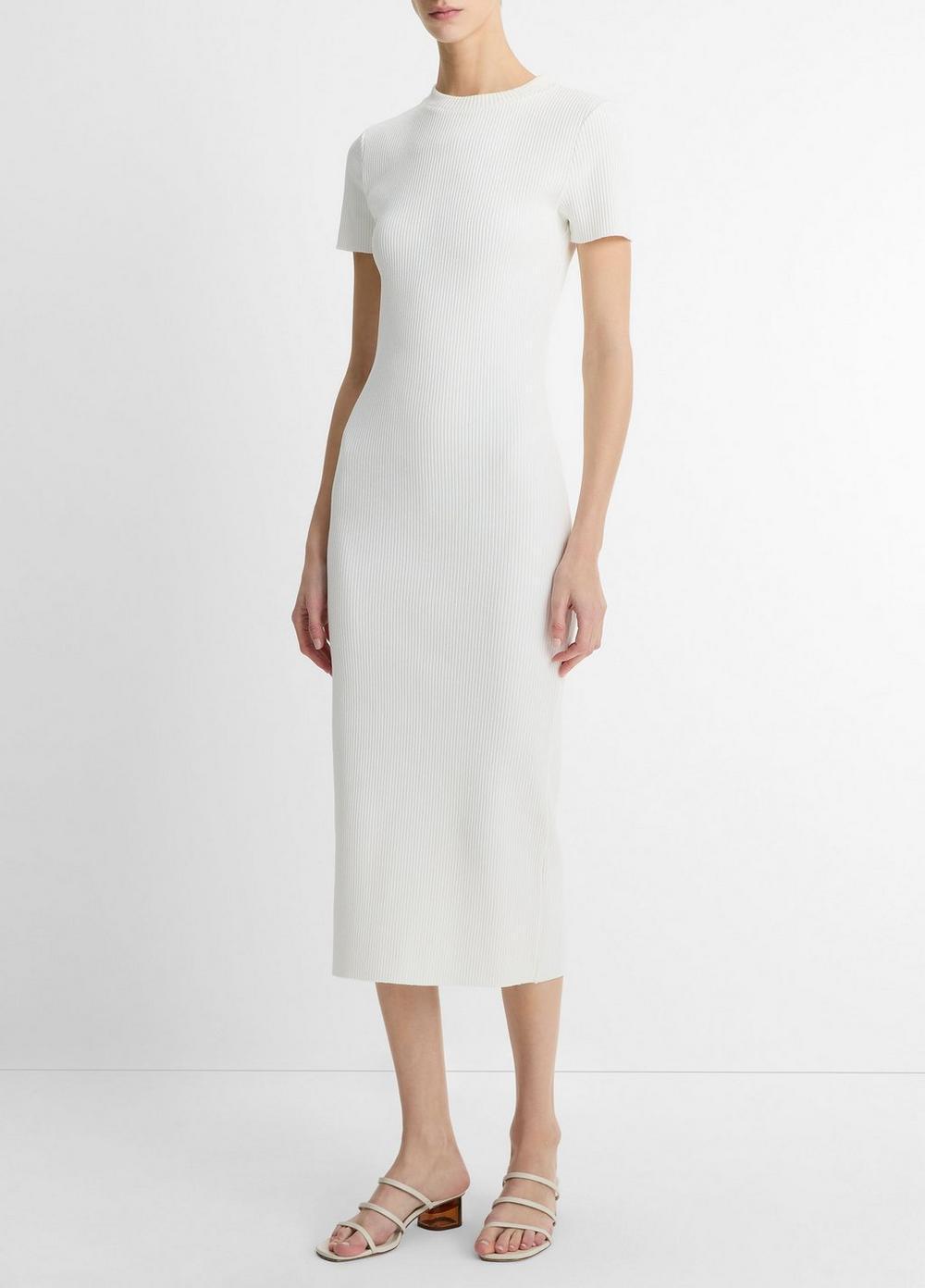 Womens Ribbed Cotton-Blend Crew Neck Dress, Off White, Size S Vince Product Image