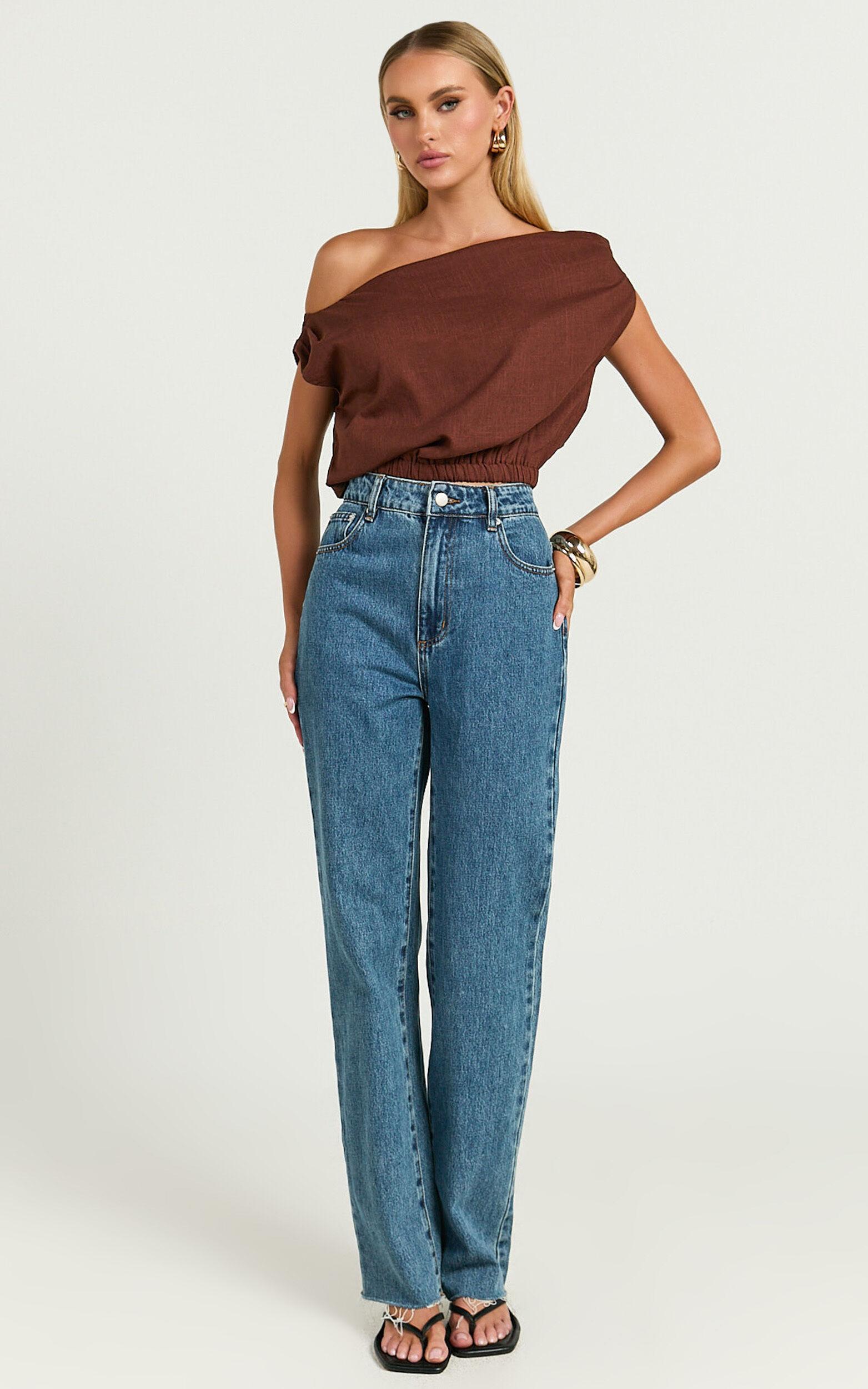 Collins Linen Top - Draped Asymmetrical Neckline Top in Chocolate Product Image