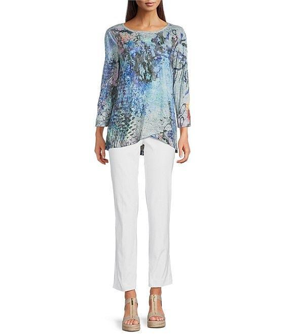 Ali Miles Crinkle Knit Burnout Abstract Print Round Neck 3/4 Sleeve Hi-Low Hem Tunic Product Image