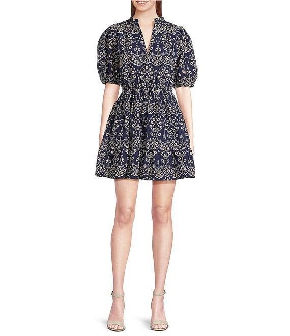 Sugarlips Rosie Eyelet Floral Split V-Neck Short Sleeve Mini A-Line Dress Product Image