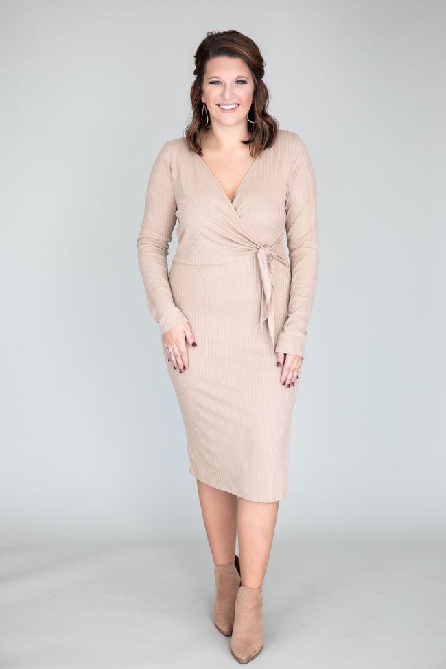 Daring Heart Ribbed Midi Taupe Dress FINAL SALE Product Image