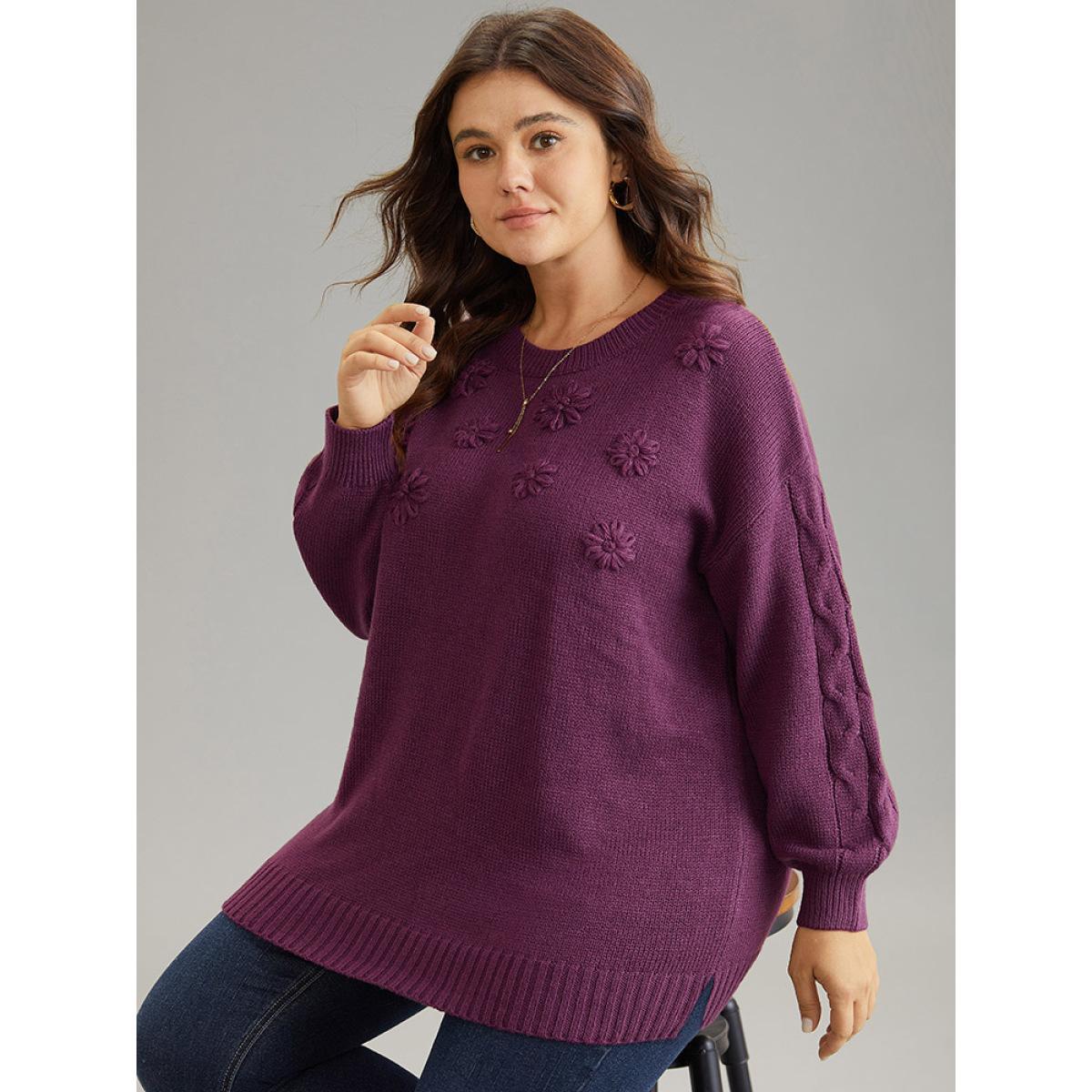 Plus Size Plisse Floral Solid Elastic Cuffs Pullover Purple Women Casual Loose Long Sleeve Round Neck Dailywear Pullovers BloomChic 28/5X Product Image