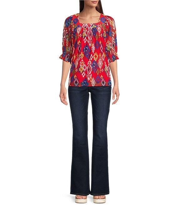 Calessa Petite Size Mesh Knit New Ikat Printed Square Neck Elbow Sleeve Tunic Product Image