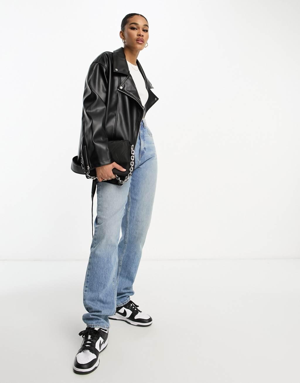 ASOS DESIGN Tall longline oversized faux leather biker jacket Product Image