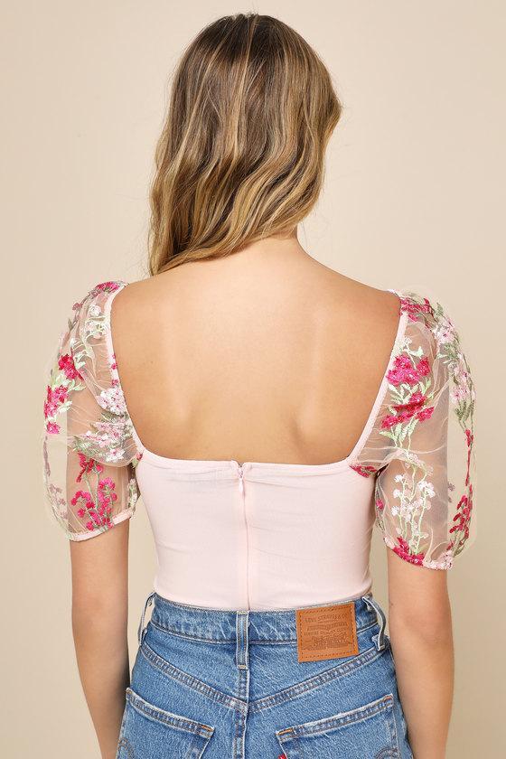 Essence of Elegance Pink Embroidered Floral Bustier Bodysuit Product Image