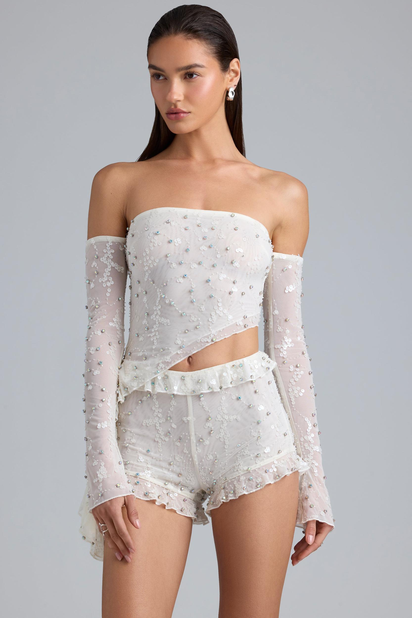 Ruffle Mid-Rise Hot Pant Shorts in Ivory Product Image