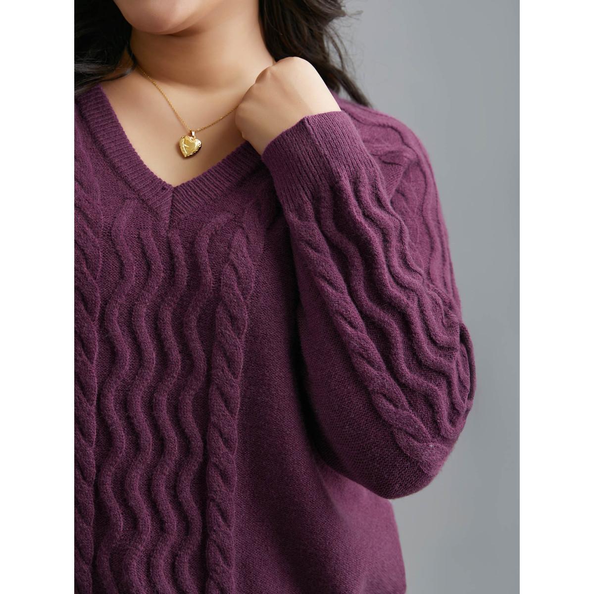 Plus Size Plain V Neck Cable Knit Pullover Deeppurplered Women Casual Loose Long Sleeve V-neck Everyday Pullovers BloomChic 28/5X Product Image