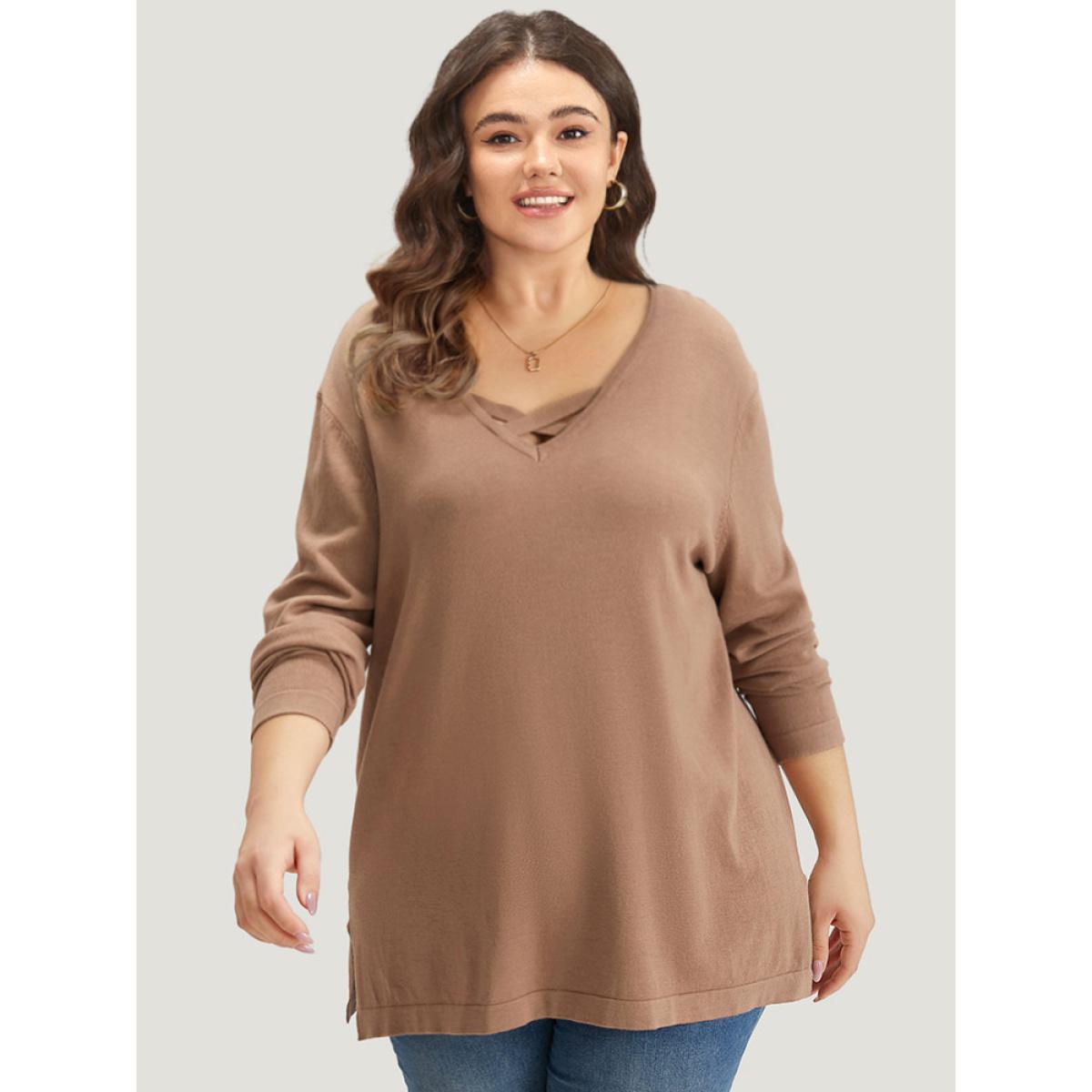 Plus Size Supersoft Essentials Crisscross Neck Split Side Pullover Tan Women Casual Loose Long Sleeve V-neck Dailywear Pullovers BloomChic 12/L Product Image