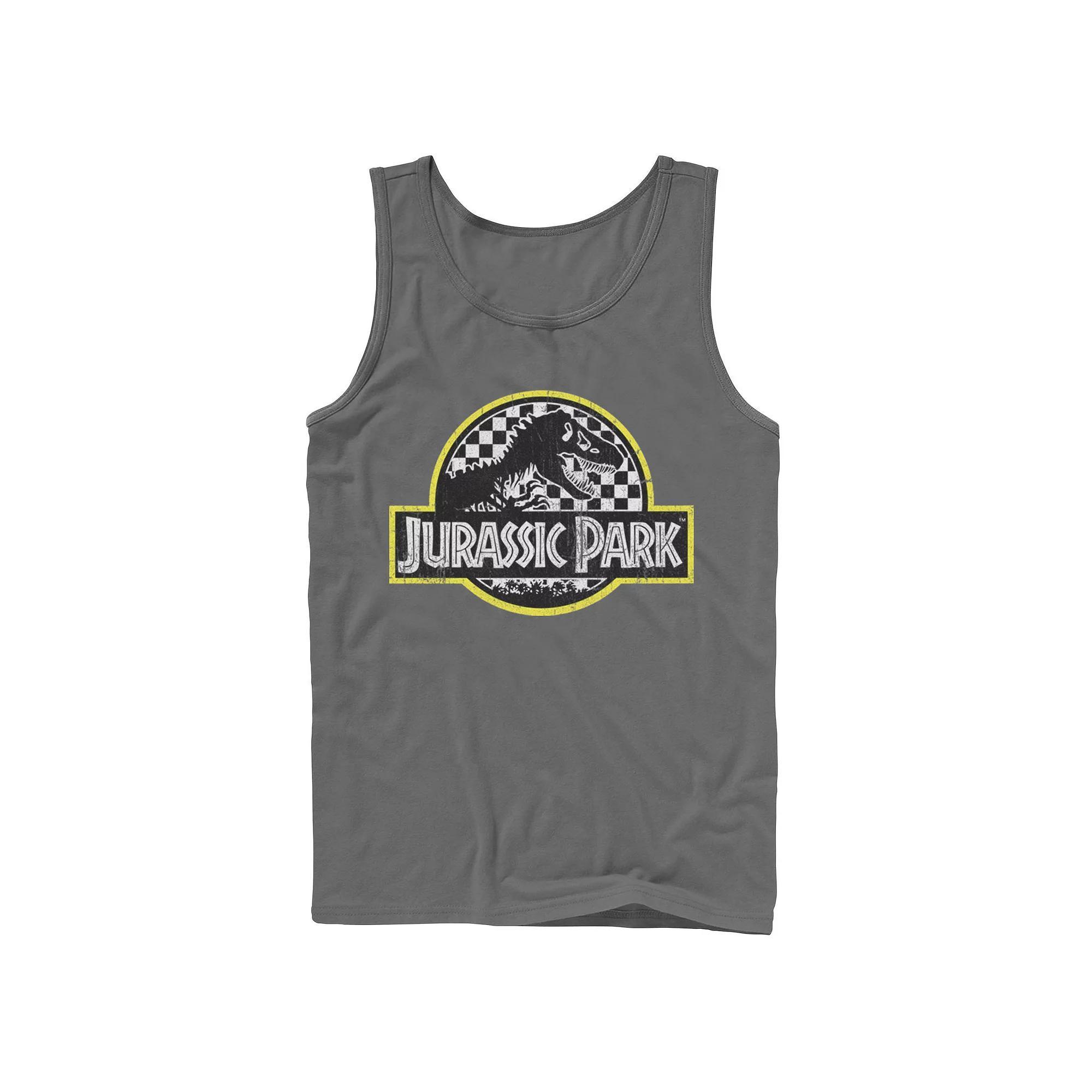 Men's Jurassic Park Checkered Classic Logo Tank Top, Size: Small, Grey Product Image