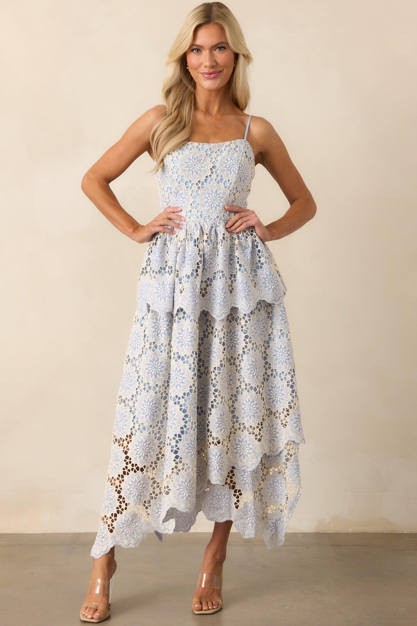 Within Myself Sky Blue Embroidered Eyelet Asymmetric Maxi Dress Product Image