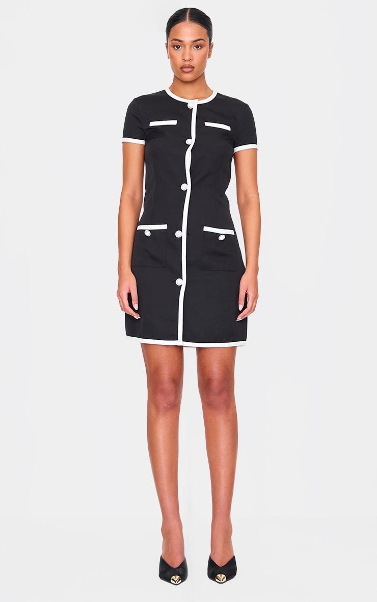 Tall Black Contrast Trim Pearl Button Up Mini Dress Product Image