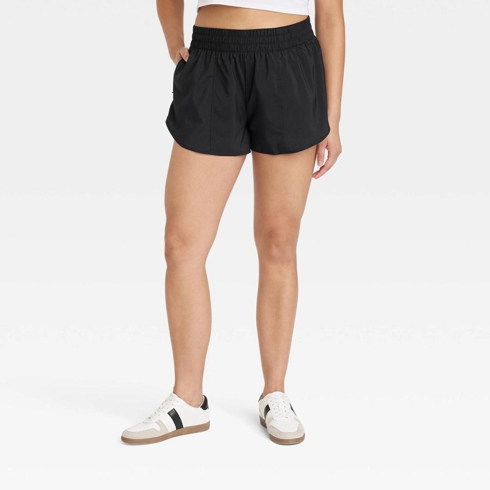 Women's Woven Mid-Rise Run Shorts 3" - All In Motion™ Black S: Lightweight, Adjustable Waistband, Quick Dry Product Image