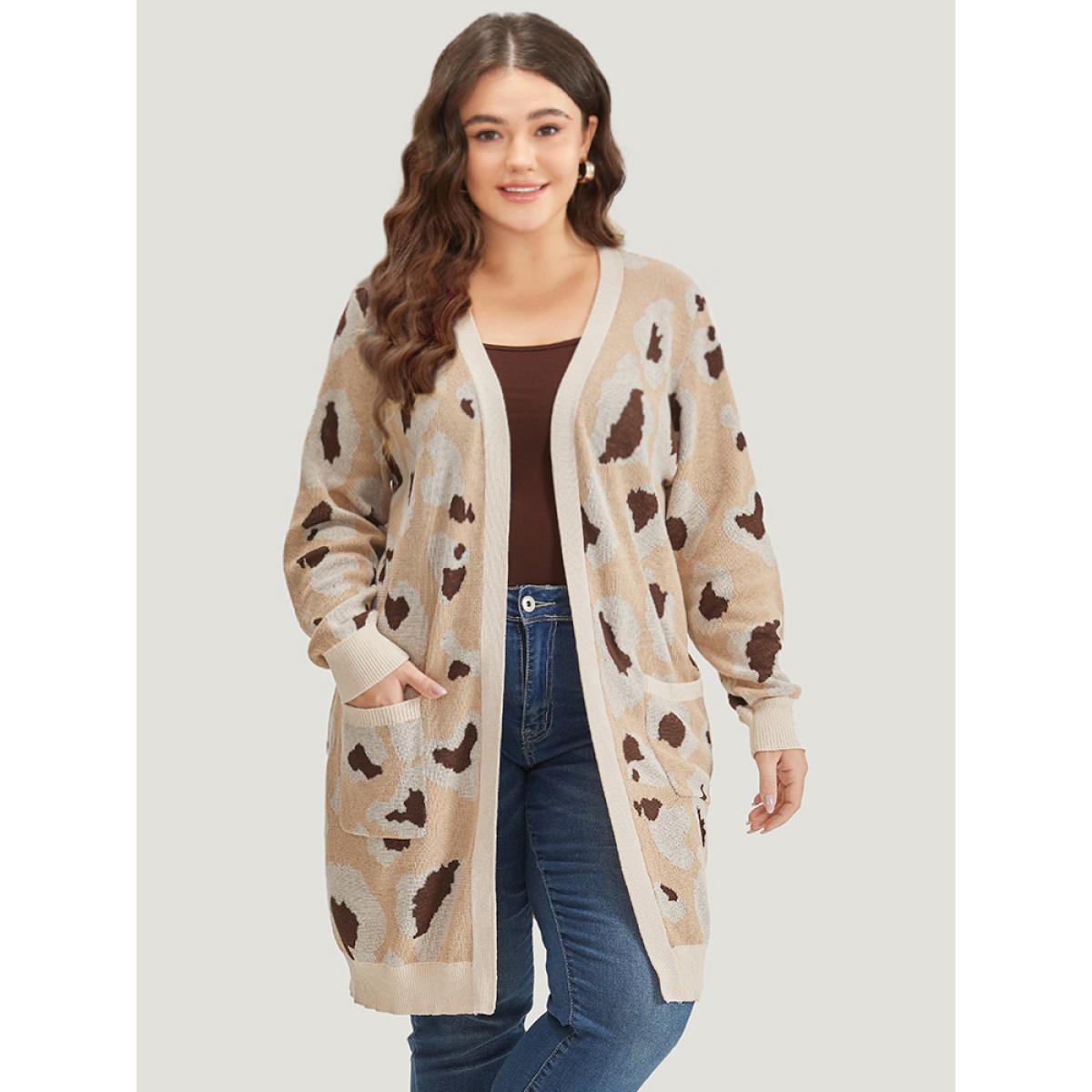 Plus Size Leopard Print Open Front Patched Pocket Cardigan Leopard Women Casual Loose Long Sleeve Dailywear Cardigans BloomChic 28/5X Product Image