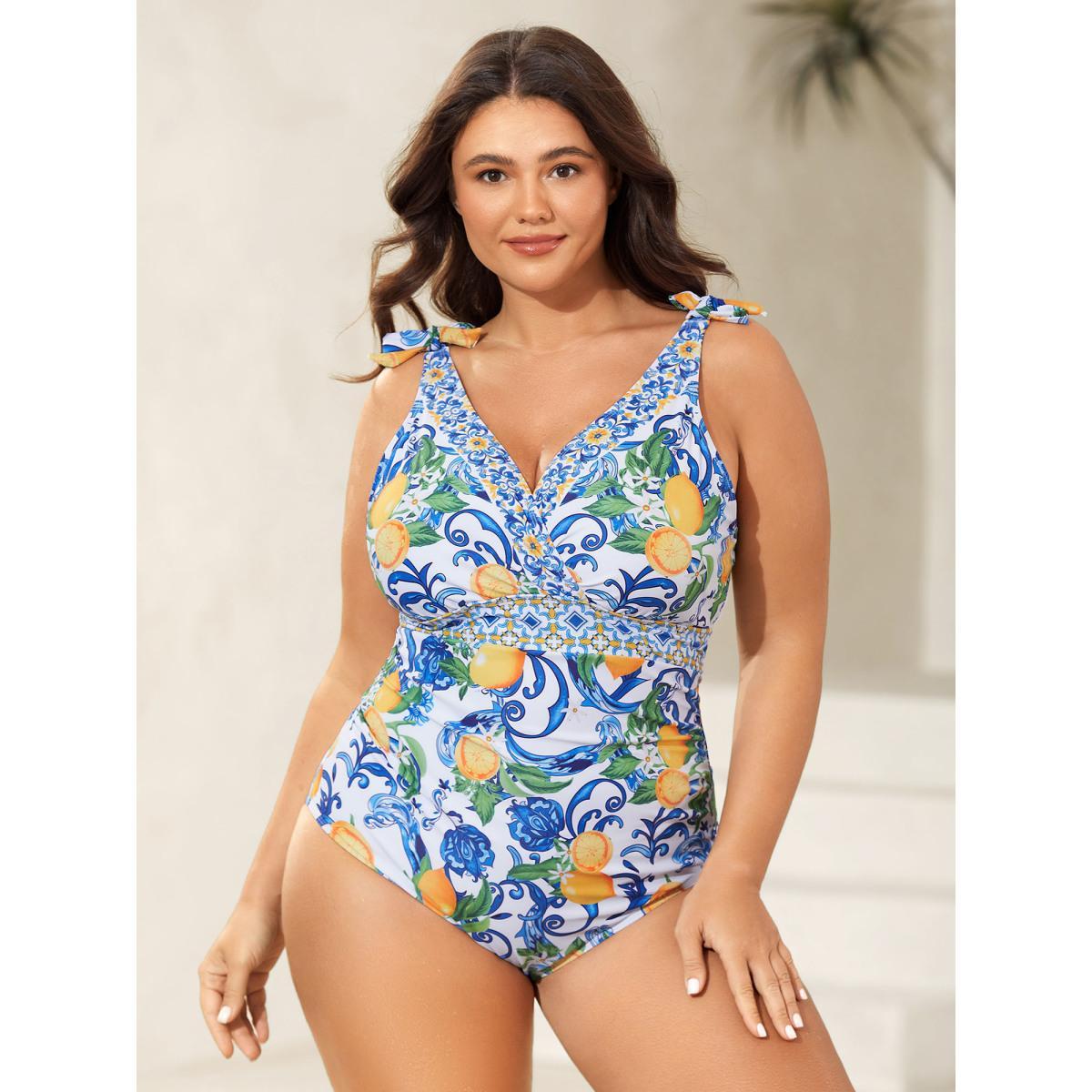 Plus Size Two-Piece Citrus Print Sarong Swimsuit Women's Swimwear Lemonyellow Beach Tie knot Curve Bathing Suits High stretch One Pieces BloomChic 14-16/1X Product Image