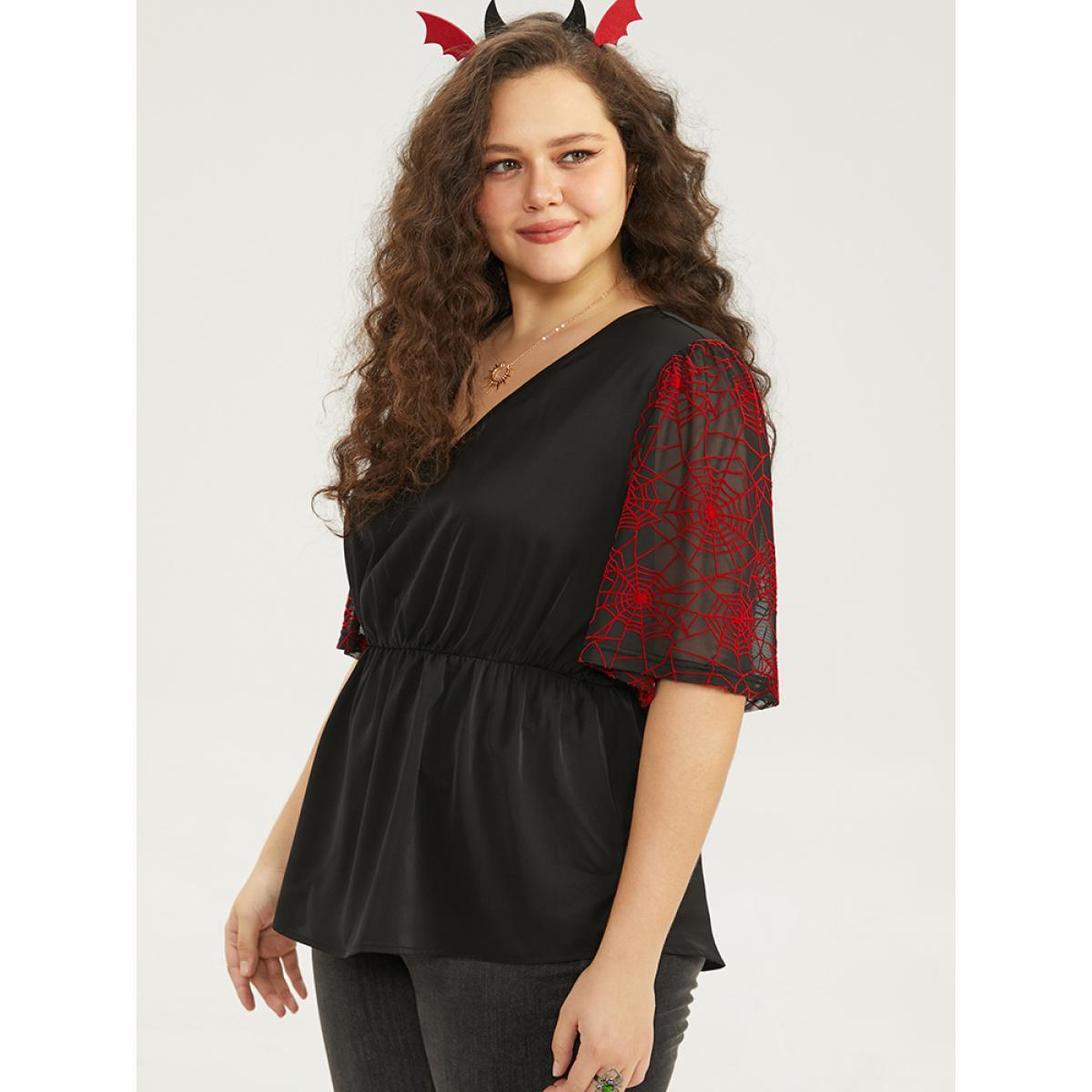 Plus Size Black Halloween Spider Web Mesh Patchwork Elastic Waist Blouse Women Office Short sleeve V-neck Festival-Halloween Blouses BloomChic 26/4X Product Image