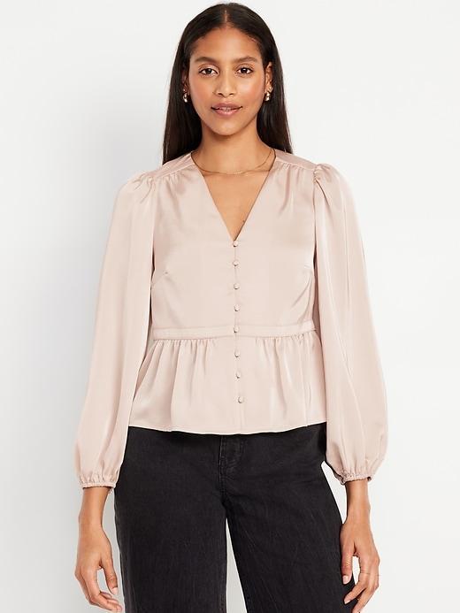 Waist-Defined Velvet Peplum Top Product Image