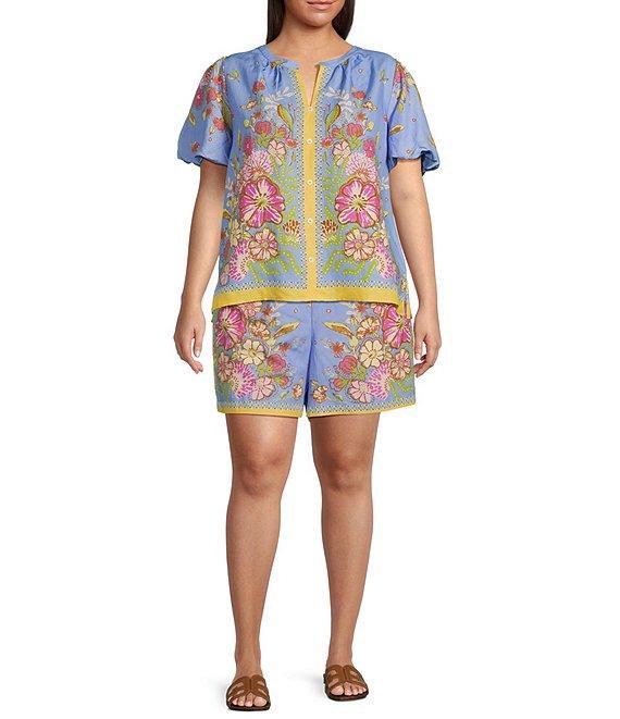 Skies Are Blue Plus Size Coordinating Short Sleeve Floral Border Blouse Product Image