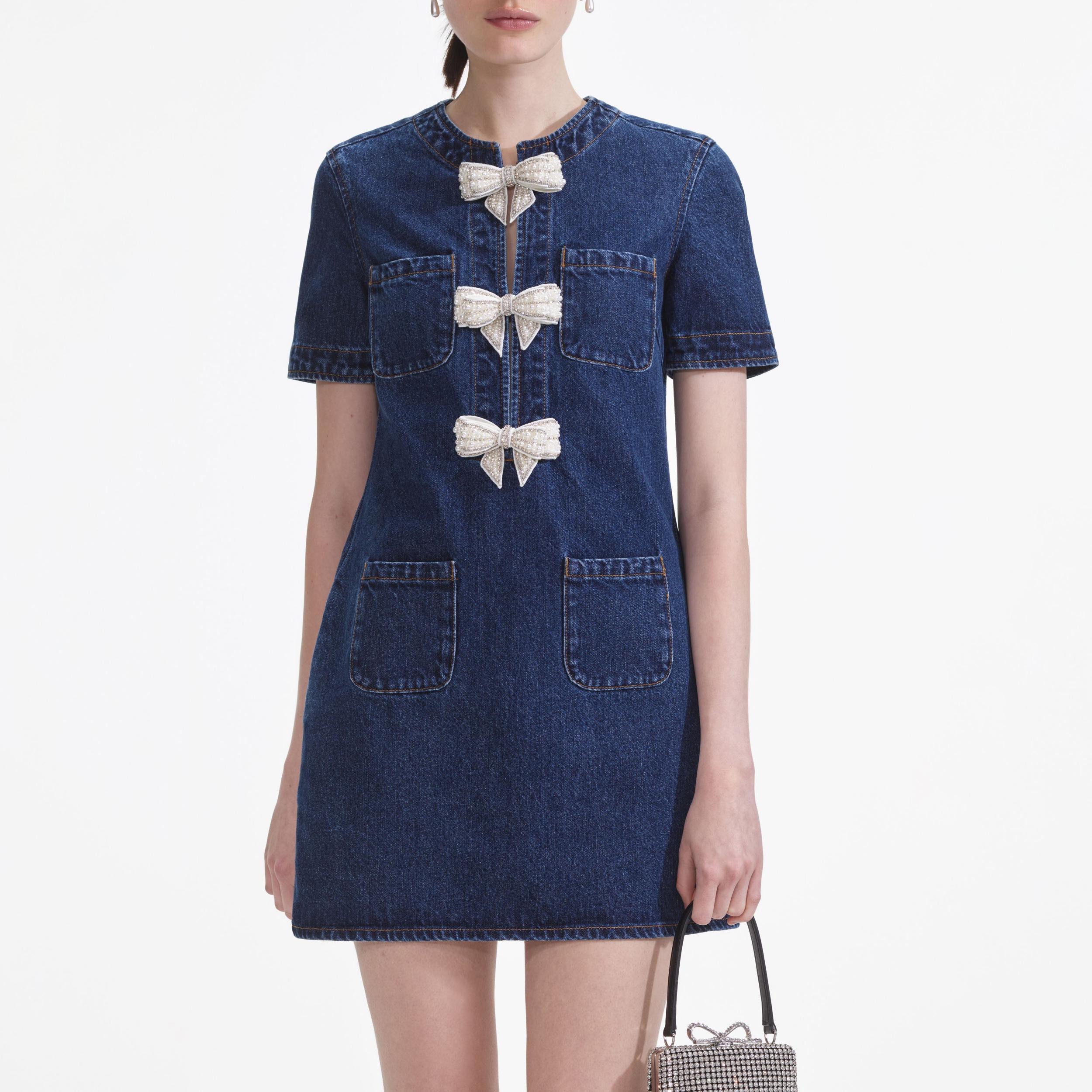 Denim Bow Mini Dress Product Image