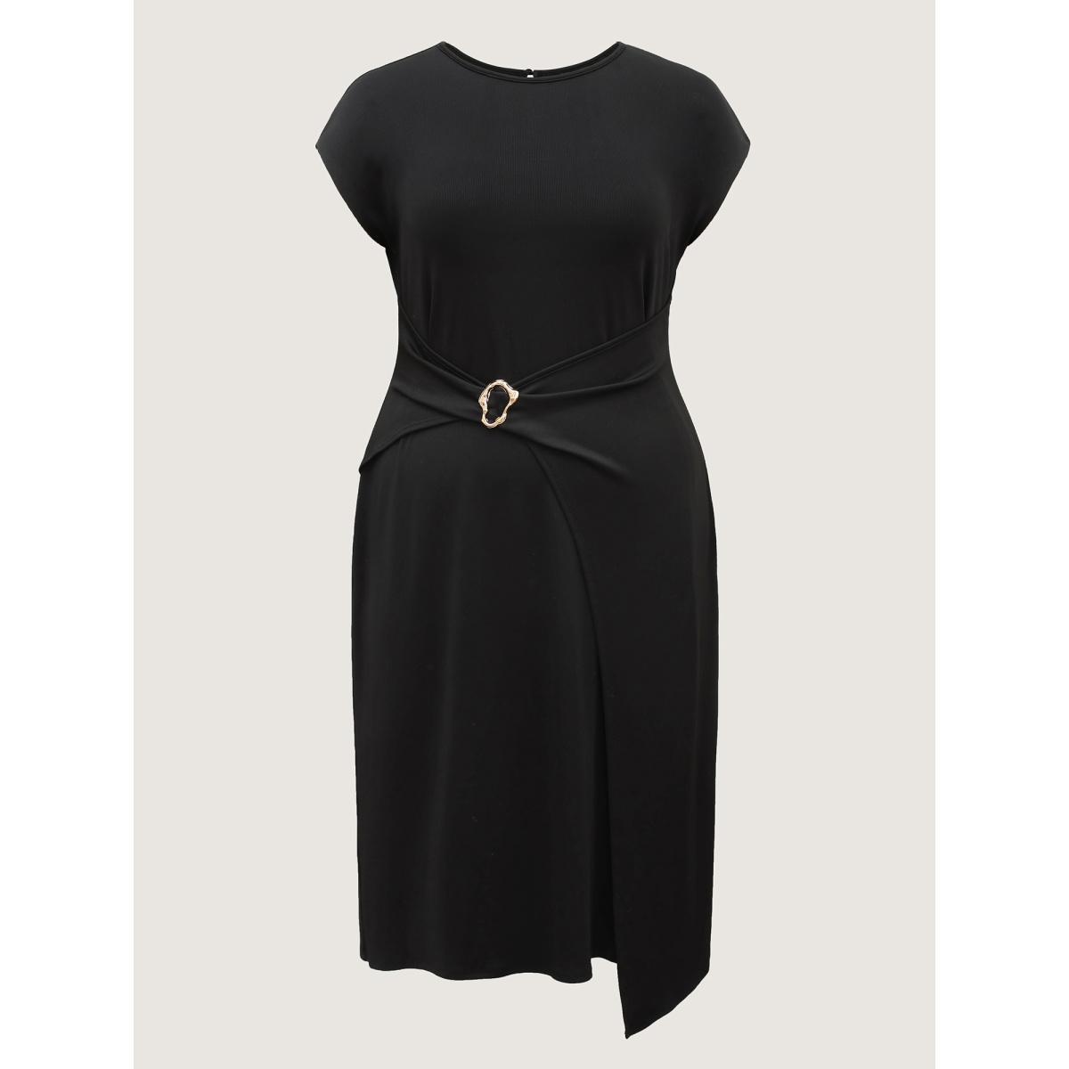 Plus Size Wrap Style Metal Buckle Midi Dress Black Women Round Neck Cap Sleeve Curvy BloomChic 22-24/3X Product Image