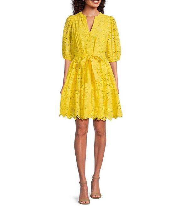 Gibson & Latimer Eyelet Split Round Neck Elbow Puff Sleeve Button Down Belted Scallop Hem Pocketed A-Line Dress Product Image