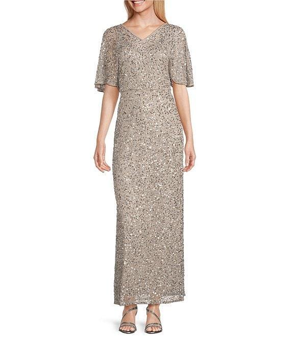 Pisarro Nights Petite Size Short Caplet Sleeve V-Neck Long Beaded Dress Product Image