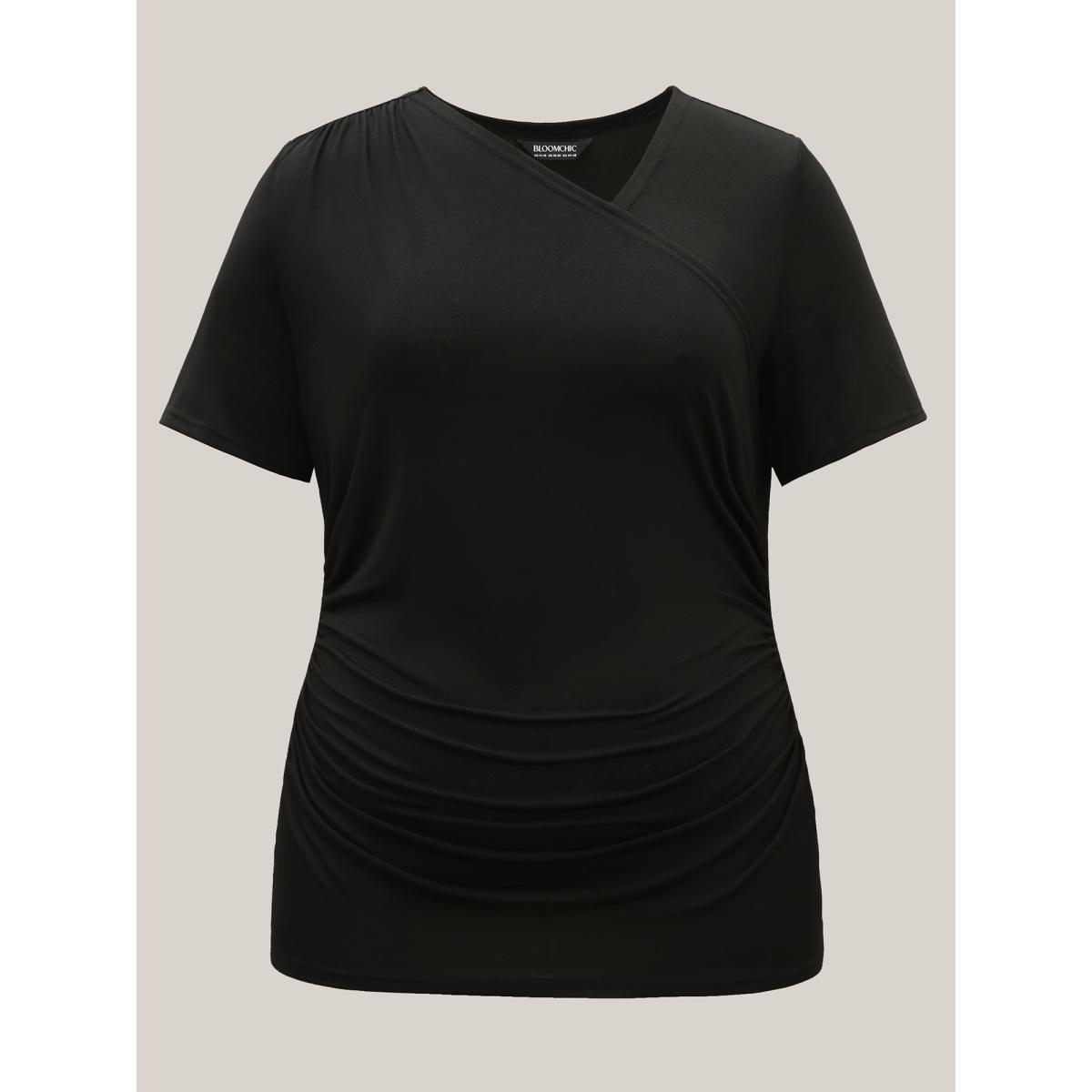 Plus Size Asymmetrical Neckline Curved Hem Plain T-Shirt Black Women Casual Gathered Asymmetrical Neck Bodycon Everyday T-shirts BloomChic 30/6X Product Image