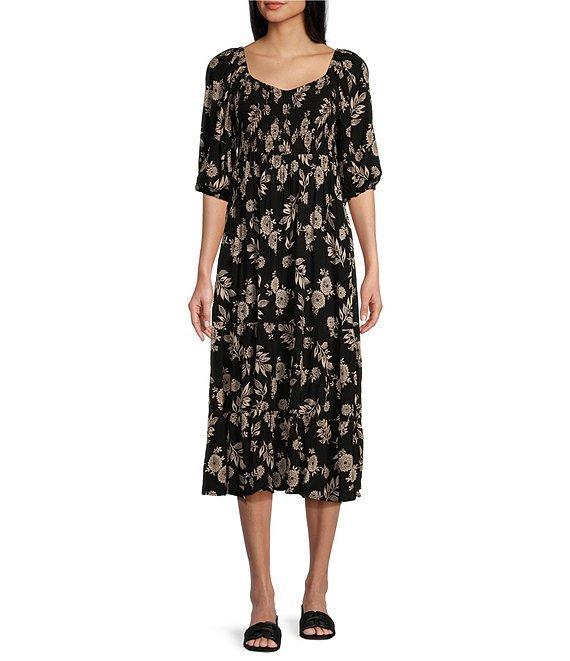 Angie Floral Print Sweetheart Neck 3/4 Sleeve Smocked Bodice Midi Dress Product Image