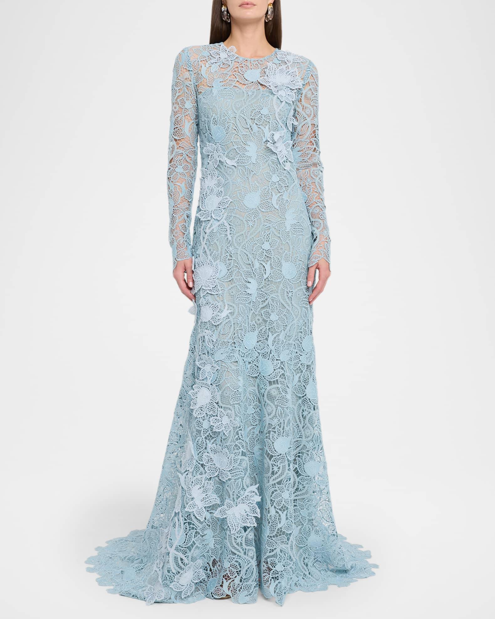 Long-Sleeve Corded Botanical Guipure Gown Product Image