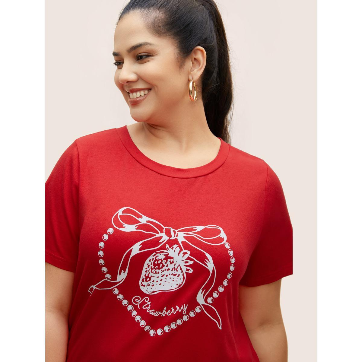 Plus Size Crew Neck Strawberry Print T-shirt Brightred Women Casual Contrast Fruit Round Neck Everyday T-shirts BloomChic 18-20/2X Product Image