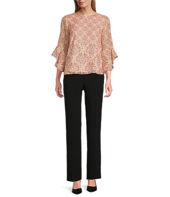 Kasper Petite Size Chiffon Boat Neck Ruffle 3/4 Sleeve Blouse Product Image