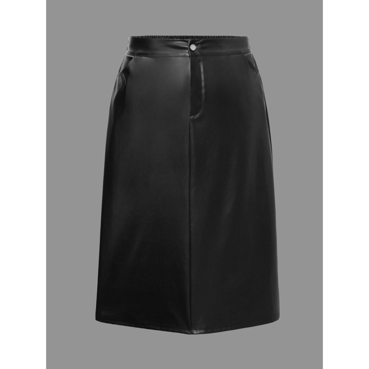 Plus Size PU Leather Elastic Waist Split Hem Skirt Women Black Elegant Slit Low stretch Slanted pocket Everyday Skirts BloomChic 26/4X Product Image