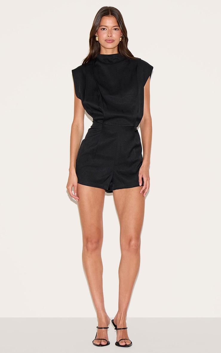 Black Woven Bagged Over Boat Neck Romper Product Image