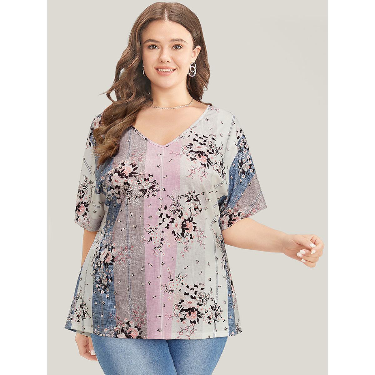Plus Size Floral Print Ruffle Sleeve Striped Contrast T-shirt MistyRose Women Elegant Floral V-neck Dailywear T-shirts BloomChic 14-16/1X Product Image