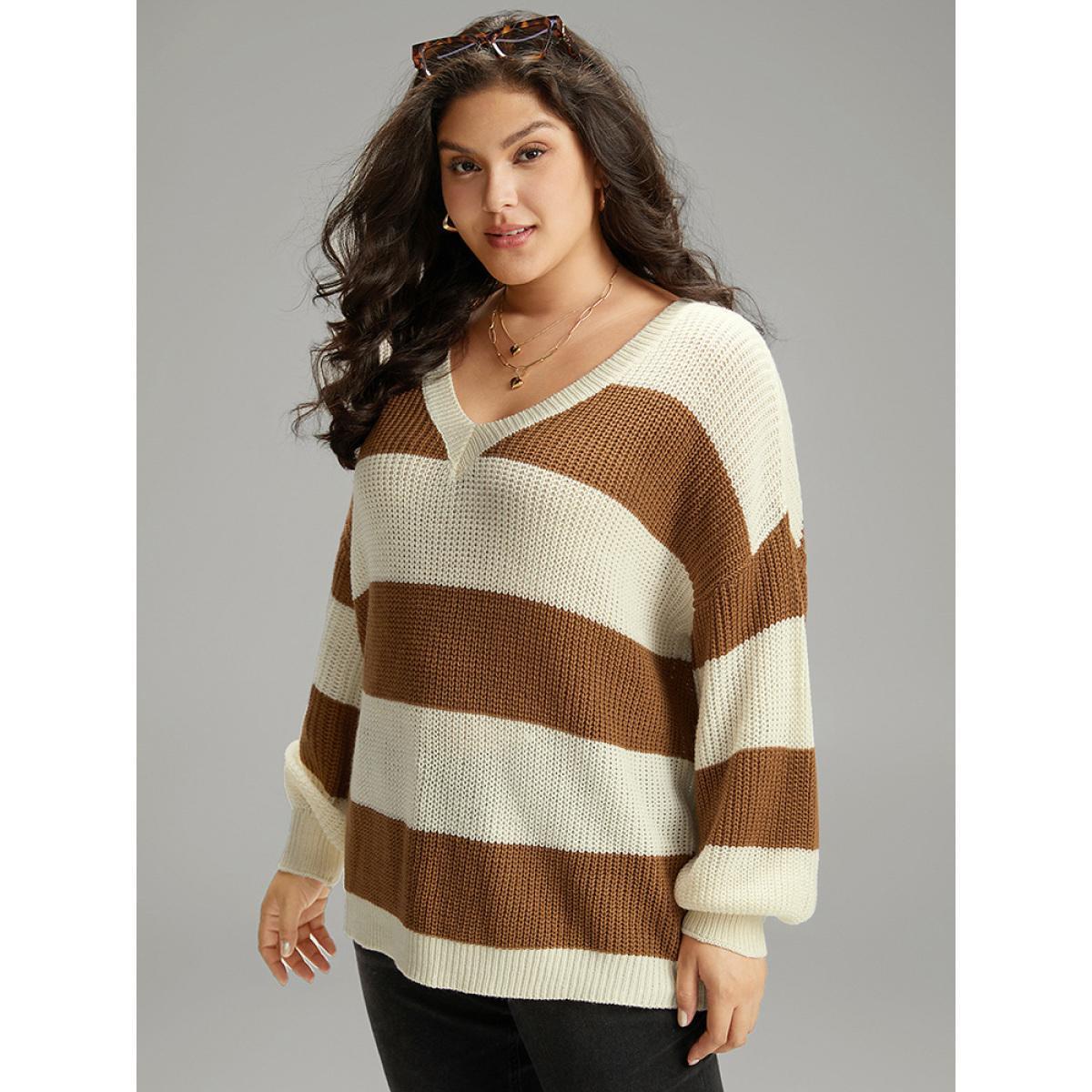 Plus Size Colorblock Lantern Sleeve Loose Pullover Bronze Women Casual Loose Long Sleeve V-neck Dailywear Pullovers BloomChic 18-20/2X Product Image