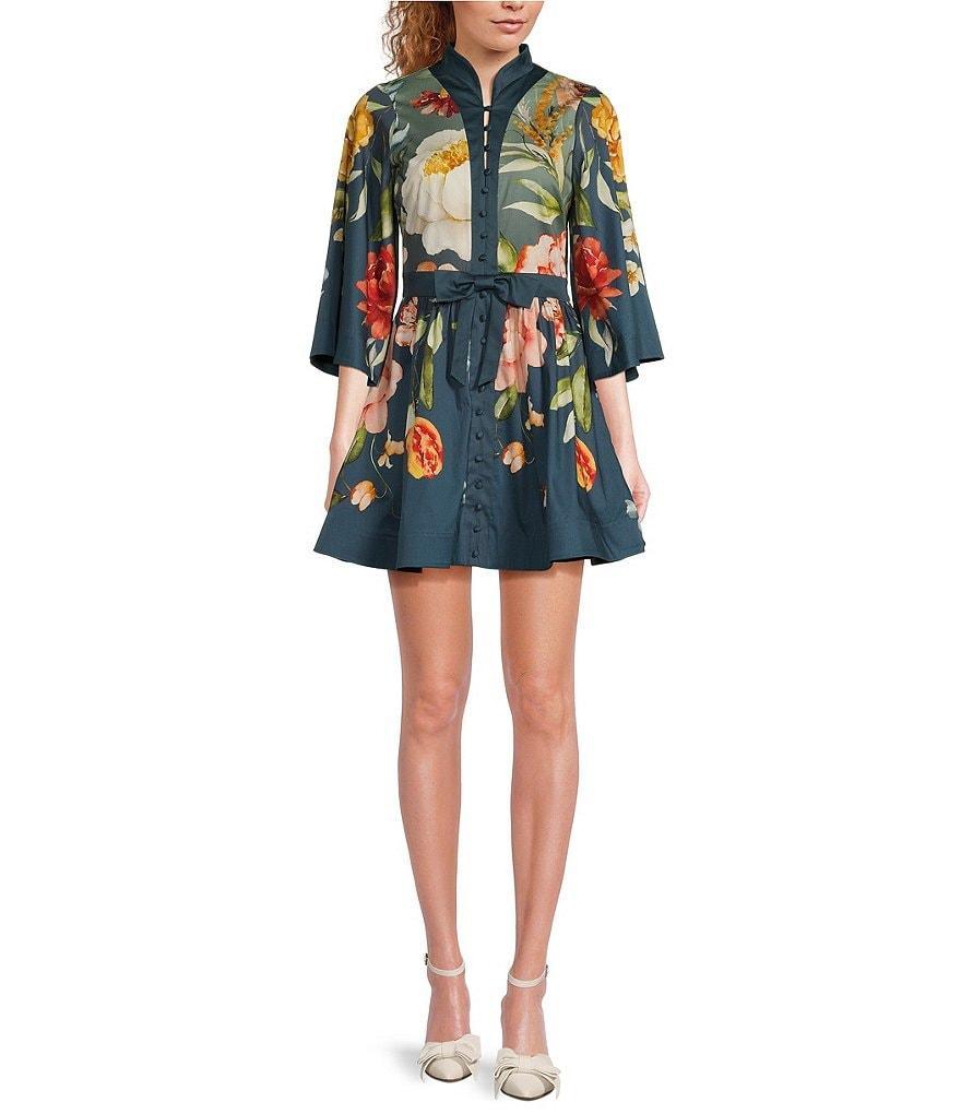 Mestiza New York Carmen Floral Print Mandarin Collar 3/4 Full Sleeve Mini A-Line Dress Product Image