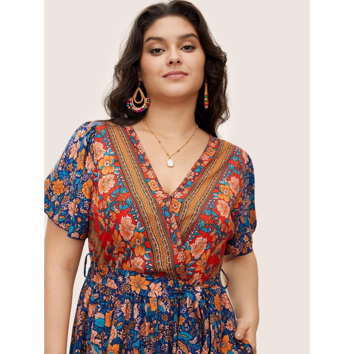 Plus Size Bandana Surplice Neck Pocket Belted Flutter Hem Maxi Dress DarkBlue Women Resort Non V-neck Short sleeve Curvy Long Dress BloomChic 14-16/1X Product Image