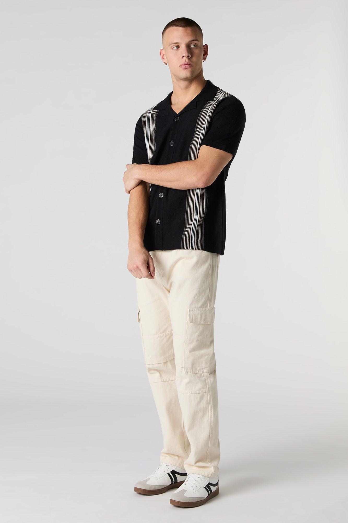 Striped Knit Button Front Short Sleeve Top Male Product Image