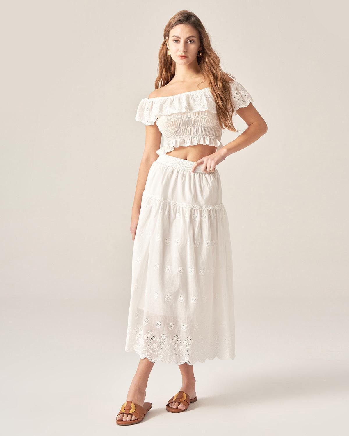 White Embroidery A-Line Midi Skirt Product Image