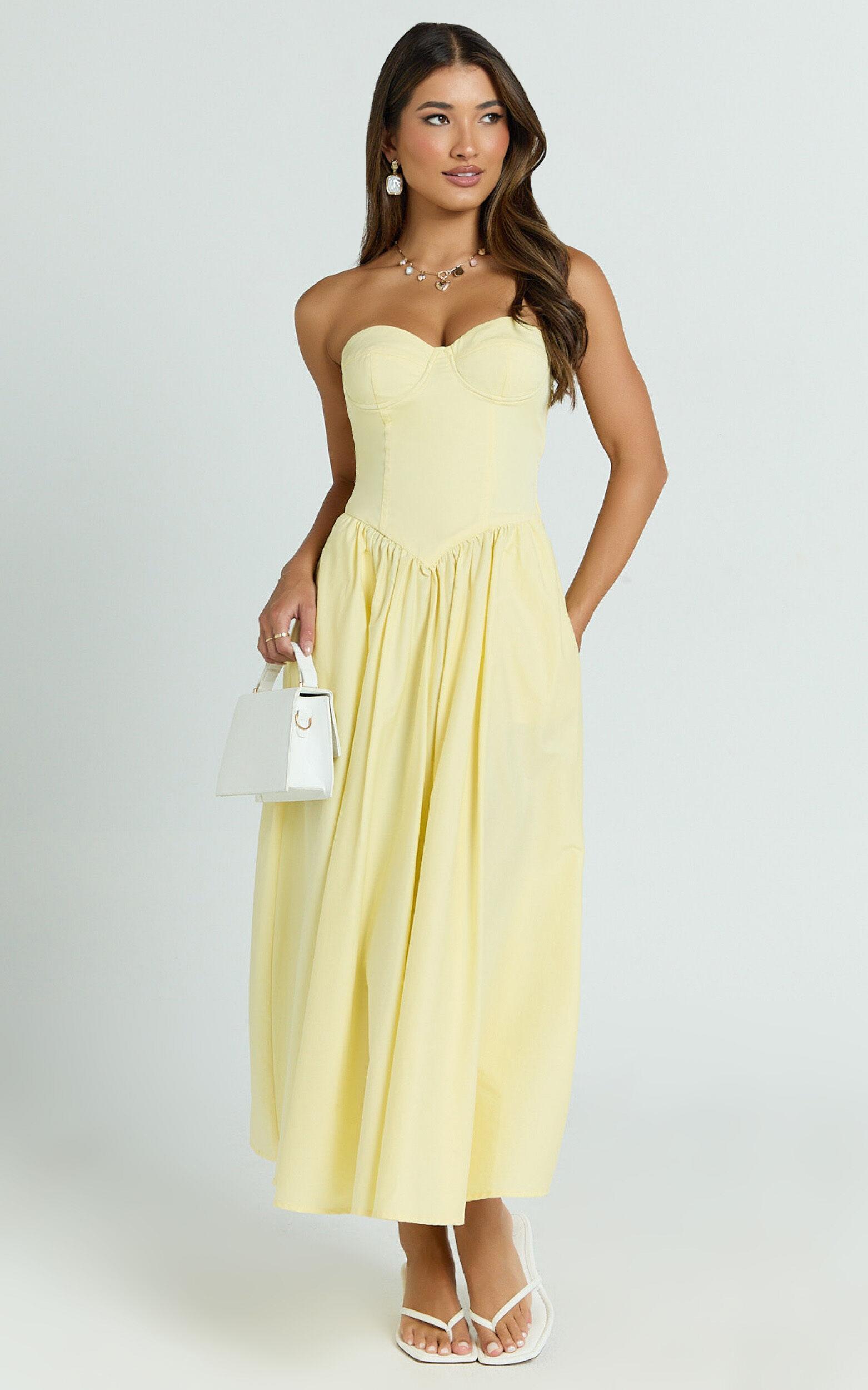 Daria Midi Dress - Strapless Corset Gathered Dress in Lemon Product Image