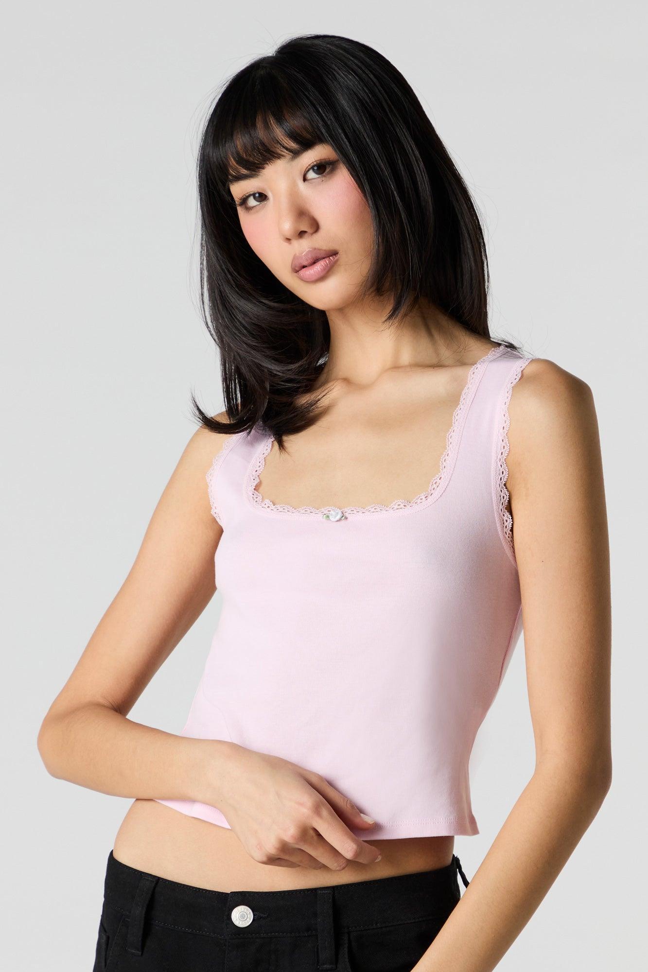 Square Neck Lace Trim Rosette Tank Female Product Image