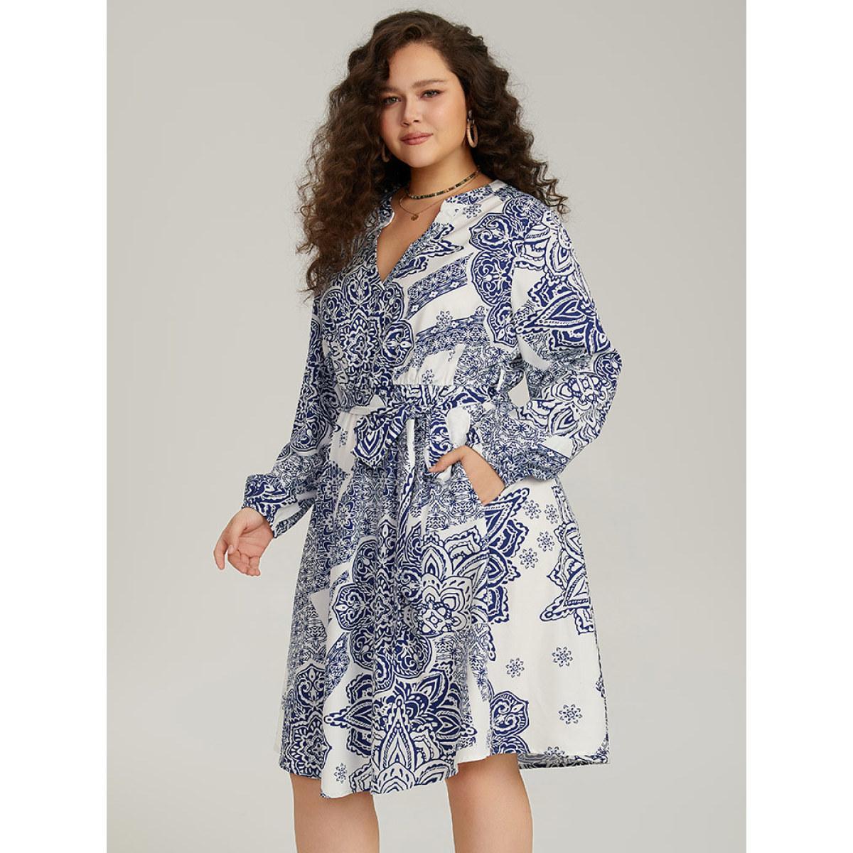 Plus Size Bandana Print Notched Belted Dress Blue Women Vacation Elastic cuffs Notched collar Long Sleeve Curvy Midi Dress BloomChic 30/6X Product Image