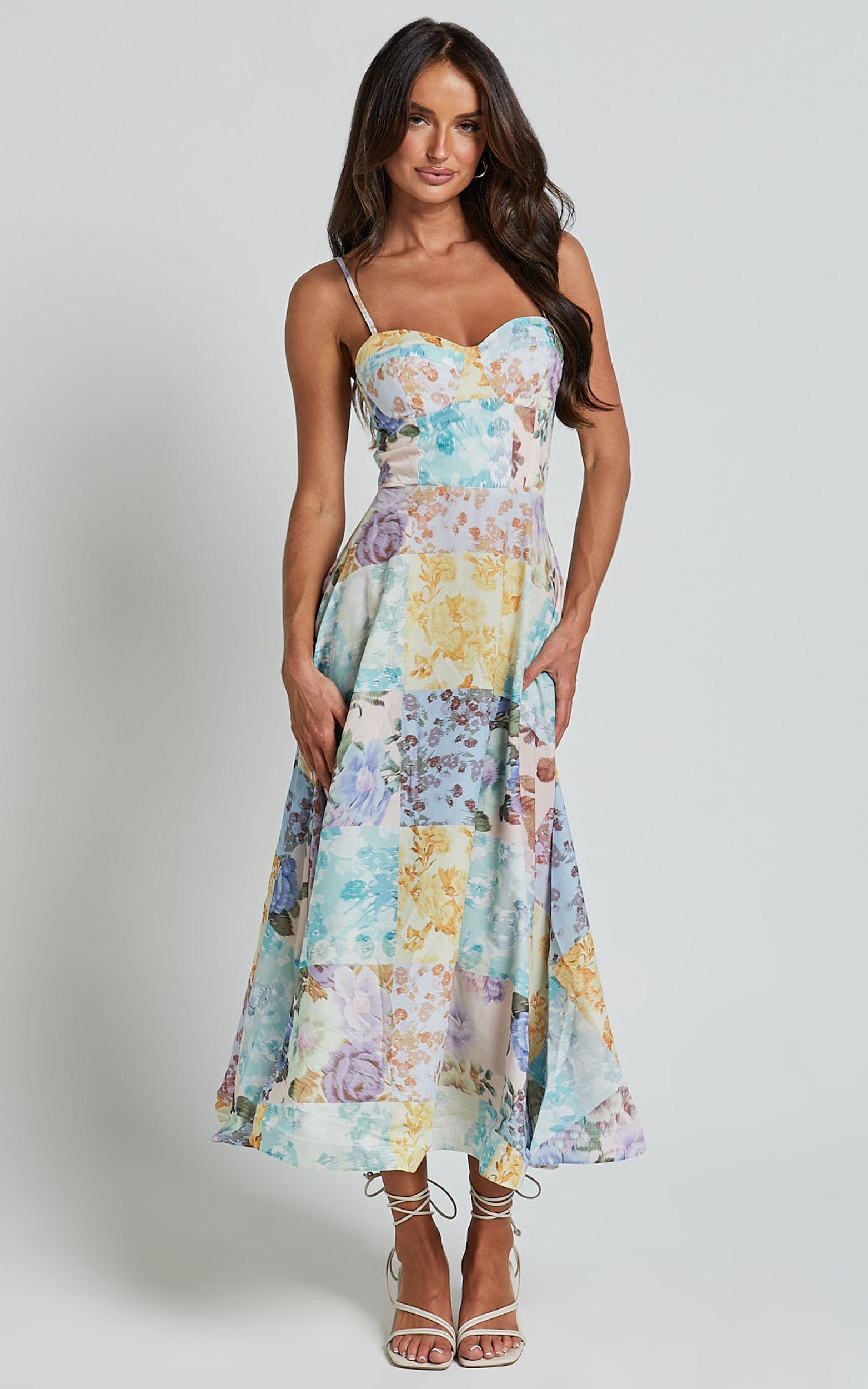 Robertson Midi Dress - Strappy Sweetheart Bustier Flare Dress in Vintage Floral Product Image