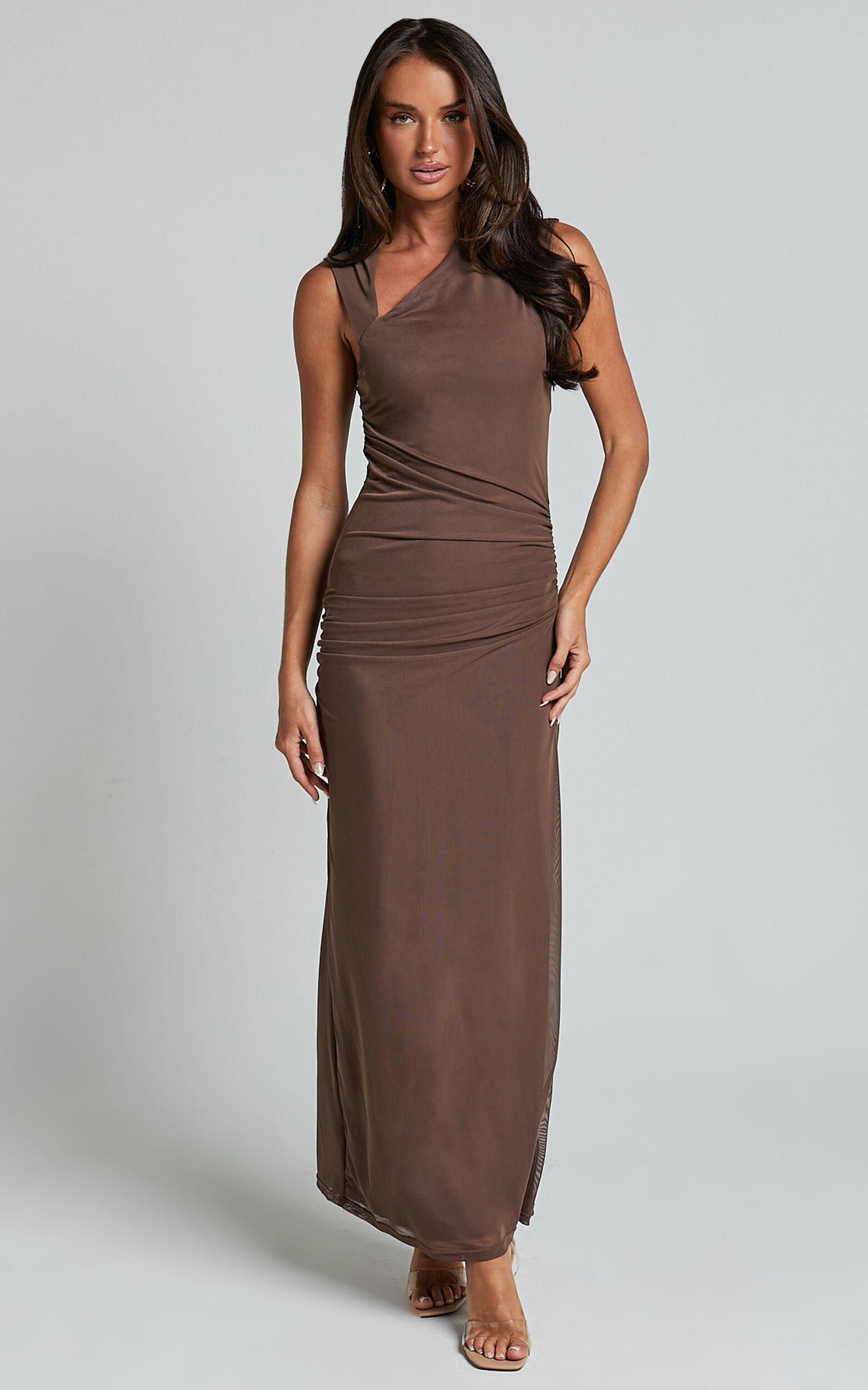 Lara Midi Dress - Asymmetrical Ruched Mesh Dress in Chocolate Product Image