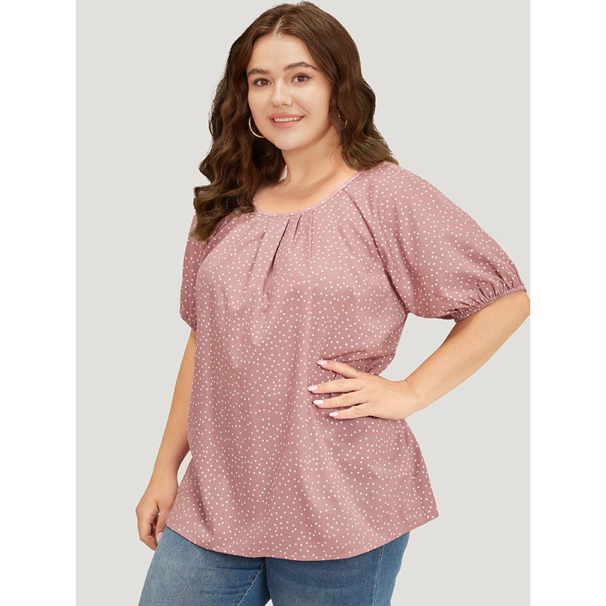 Plus Size DustyPink Polka Dot Pleated Round Neck Puff Sleeve Blouse Women Office Short sleeve Round Neck Work Blouses BloomChic 28/5X Product Image